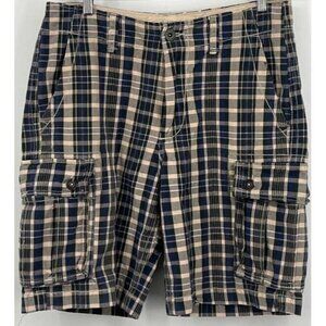 American Eagle Mens Vintage Beige Blue Plaid Cargo Shorts Size 34 EUC Classic